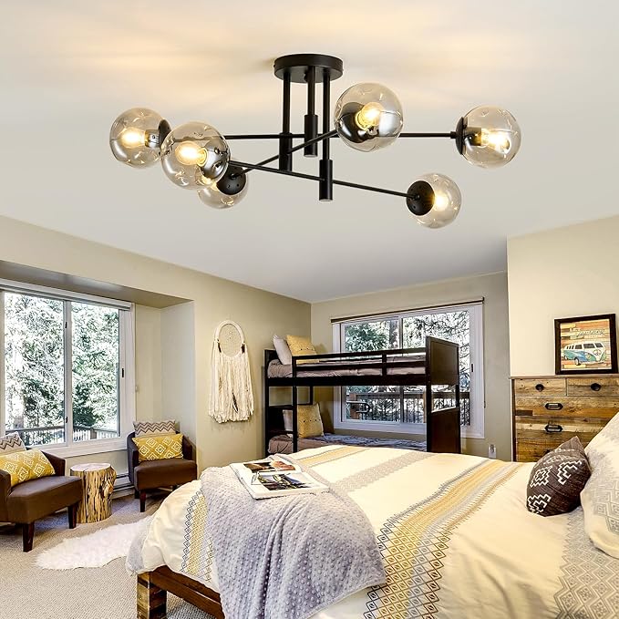 SZXYKEJI 6-Lights Glass Globe Sputnik Chandelier Modern Flush Mount Ceiling Light Fixture Black Farmhouse Lighting for Dining Room Living Room Bedroom Kitchen Passageway.