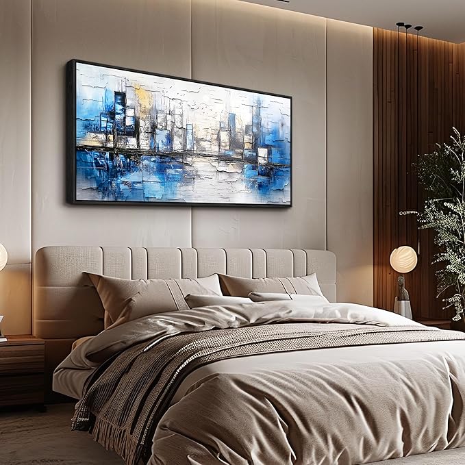 ZUITINGHUA Large Black Framed Wall Decor For Living Room Canvas Wall Art For Office Modern Wall Decorations For Bedroom Blue Landscape Paintings Abstraction Pictures Artwork Home Decor 24x48 In