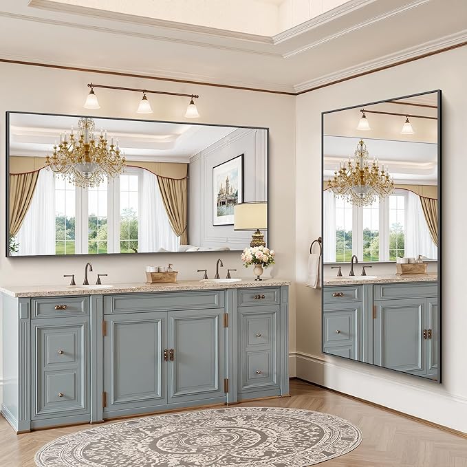 YIROMAN Bathroom Mirror 72"x36", Large Matte Black Bathroom Mirror for Over Sink with Aluminum Frame, Rectangular Vanity Mirror with Right Angle, Wall Mirror Hangs Horizontal or Vertical, Shatterproof