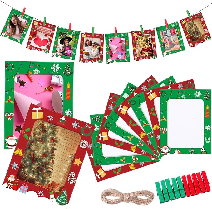 Janlaugh 100 Pcs Christmas Paper Photo Frames 4x6 Red and Green Paper Picture Frame with 100 Clip 10 String Kit DIY Hanging Cardboard Photo Holder Christmas Wall Decor Wedding Home