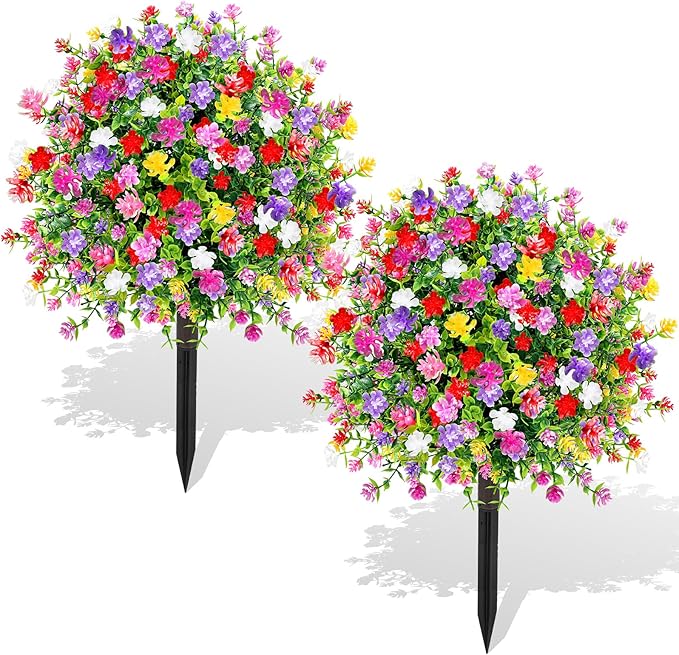 Artificial Boxwood Topiary Ball Trees with Ground Spikes UV Resistant Faux Greenery Shrubs Fake Shrubs for Outdoors, Realistic Faux Plants Bushes for Garden Porch Yard Patio Decor (Multi)