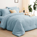 CozyLux King Size Comforter Set Light Blue Seersucker 7 Pieces Bed in a Bag King Comforter Set with Sheets, Luxury Bedding Set with Down Alternative Comforter, Sheets, Pillowcases & Shams All Seasons