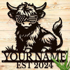 Personalized Highland Cow Name metal Signs,Custom Highland Cow Metal Shed Wall Decor,Black Metal Wall Art Plaques Outdoor wall Decorative Signage (Style C)