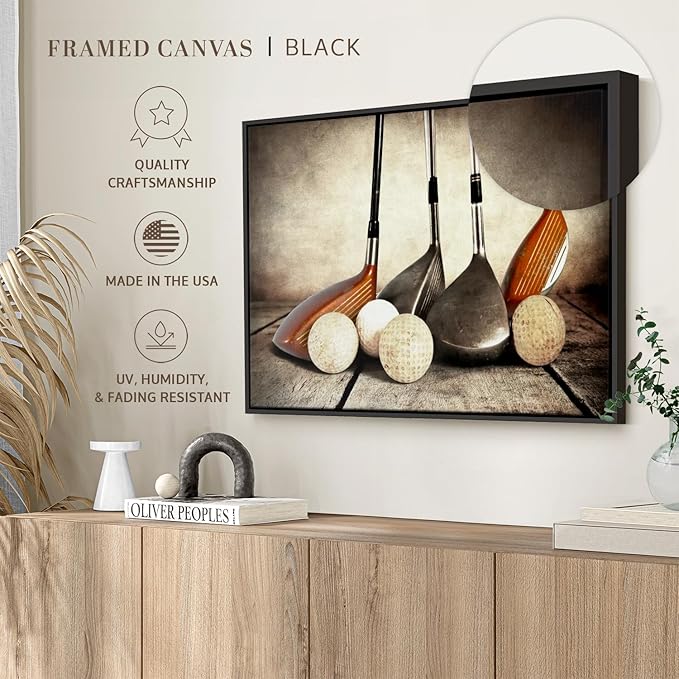 Elephant Stock Golf Sets Wall Art - Horizontal Framed Canvas - 1-Piece Mancave Wall Decor - Photography Sports Canvas Print - Yellow and Brown Decor for Wall - 40" X 27"