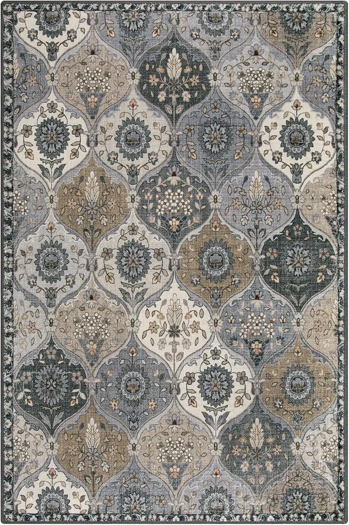 Lahome Moroccan Machine Washable Area Rugs, 4x6 Rug for Living Room Bedroom, Soft Non-Slip Rug Vintage Trellis Ultra-Thin Throw Carpet for Dining Room Office, Grey