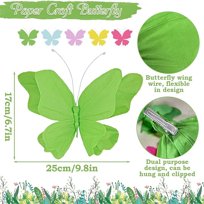 SUNBEAUTY 6Pcs Hanging Butterflies, Large Butterfly Decorations, 3D Paper Decoration, Pink Green Blue Orange for Baby Shower Decor Girls, Women, Paper Flowers for Wall