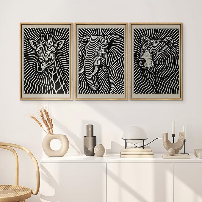 SIGNWIN Framed Canvas Print Wall Art Wildlife Portrait Giraffe, Elephant, and Bear Photography Modern Art Minimalist Black and White for Living Room, Bedroom, Office - 24"x36"x3 Natural