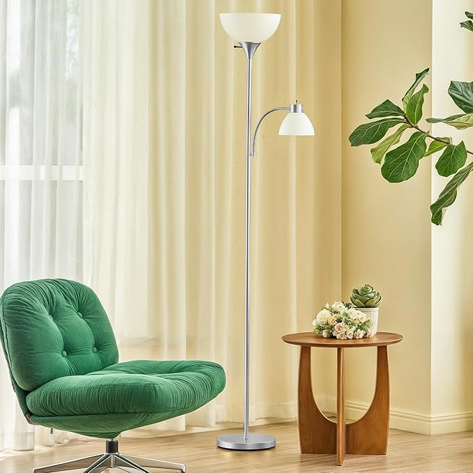 VONLUCE Torchiere Floor Lamp, 71" Standing Lamp with Adjustable Reading Lights & 2 Bulbs, 3 Color Temperatures Modern Tall Pole Lamp for Living Room Bedroom Corner, Nickel