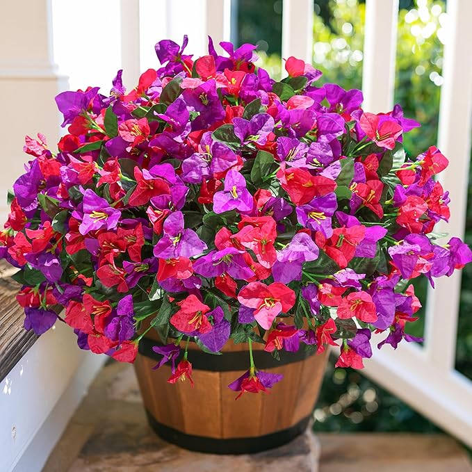 Ivydale Artificial Fake Flowers Faux Plants for Outdoors, 4 Bundles Fake Silk Bougainvillea Flower Look Real UV Resistant Flowers for Planter Patio Porch Window Yard Balcony Home Decor(PurpleHotpink)