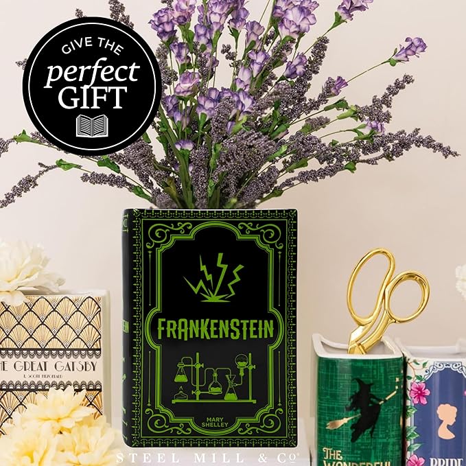 Steel Mill & Co Original Large Book-Shaped Decorative Vase, Ceramic Vases for Halloween Home Decor, Gothic Bookshelf Decor, Unique Vase for Book Lovers (Frankenstein)