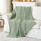 Chunky Cable Knit Throw Blanket Lightweight Light Green 100% Organic Cotton Blanket for Sofa Couch Bed Baby Nursery, Rustic Shabby Chic Modern Farmhouse, 60” x 80” Bonus Laundering Bag