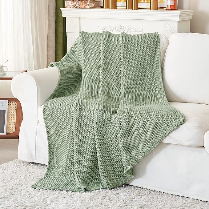 Chunky Cable Knit Throw Blanket Lightweight Light Green 100% Organic Cotton Blanket for Sofa Couch Bed Baby Nursery, Rustic Shabby Chic Modern Farmhouse, 51” x 63” Bonus Laundering Bag