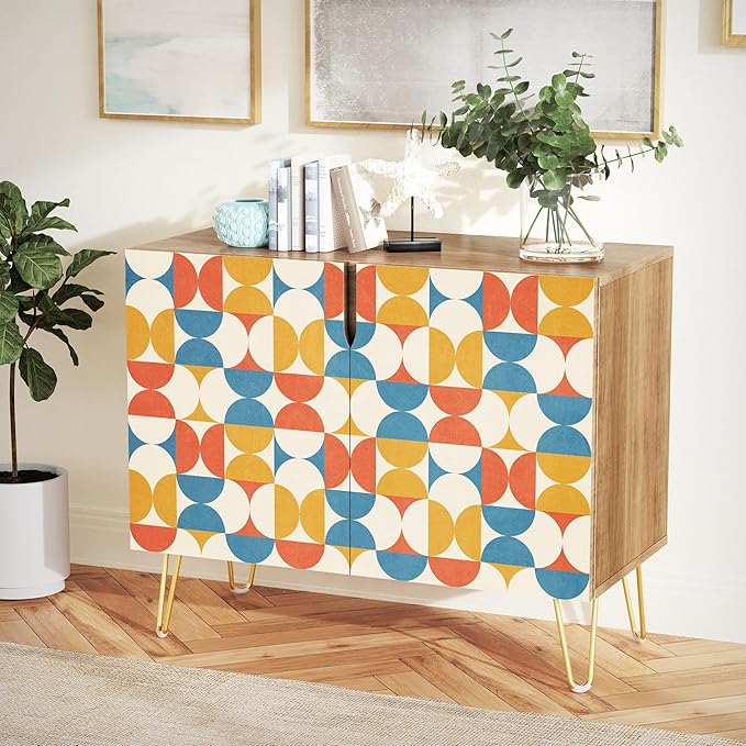 SIGNWIN Sideboard Buffet Cabinet, Kitchen Storage Cabinet with 2 Doors, Vibrant Orange & Blue Polygon, Cupboard Console Table for Dining Room - 35" L x 18" W x 29" H