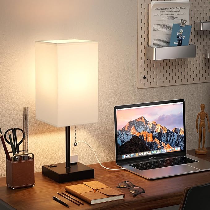 Plus Bedside Table Lamps Set of 2 - White Bedroom Lamps with 3 Colors, Square Nightstand Lamp with USB C + A Charging Ports and 2 AC Outlets, Pull Chain Night Light for End Table