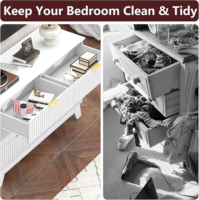 Fluted Dresser for Bedroom,6 Drawer Dresser for Closet,Storage Cabinet and Chest of Drawers with Gold Handle,TV Stand,Storage Organizer for Living Room,Hallway,Entryway,White