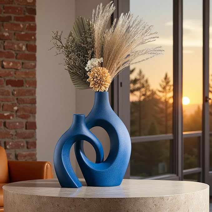 Levvohd Snuggle Hollow Ceramic Vase Set of 2, 11 inch Modern Nordic Coastal Shaped Pampas Grass Aesthetic Decorative Table Vases for Living Room Shelf Home Decor (Matte Navy Blue -L)