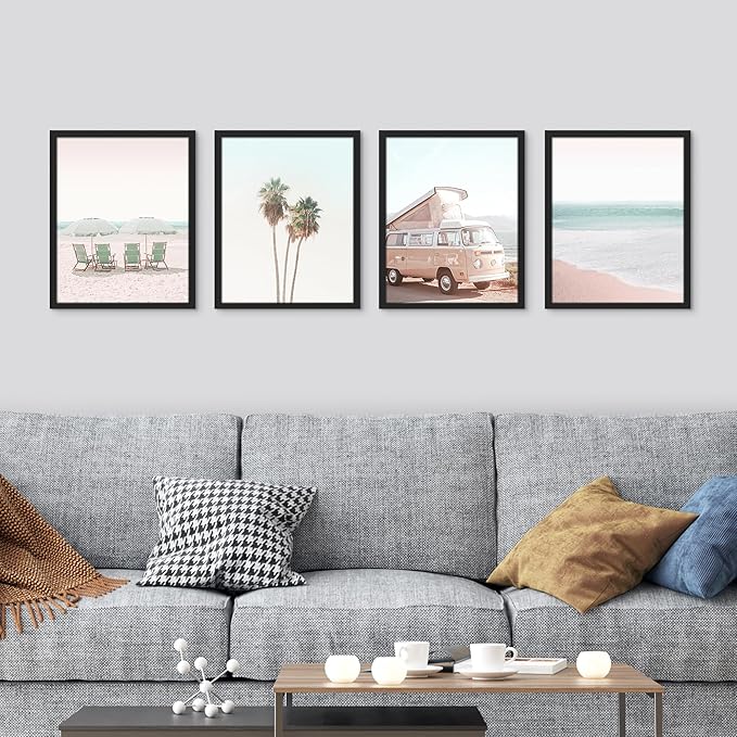 SIGNWIN Framed Collage Print Gallery Set 1980s Retro Miami Wall Art, Set of 4 Beach Landscape Wall Decor Prints, Nature Wilderness Wall Décor for Living Room, Bedroom - 12"x16" Black