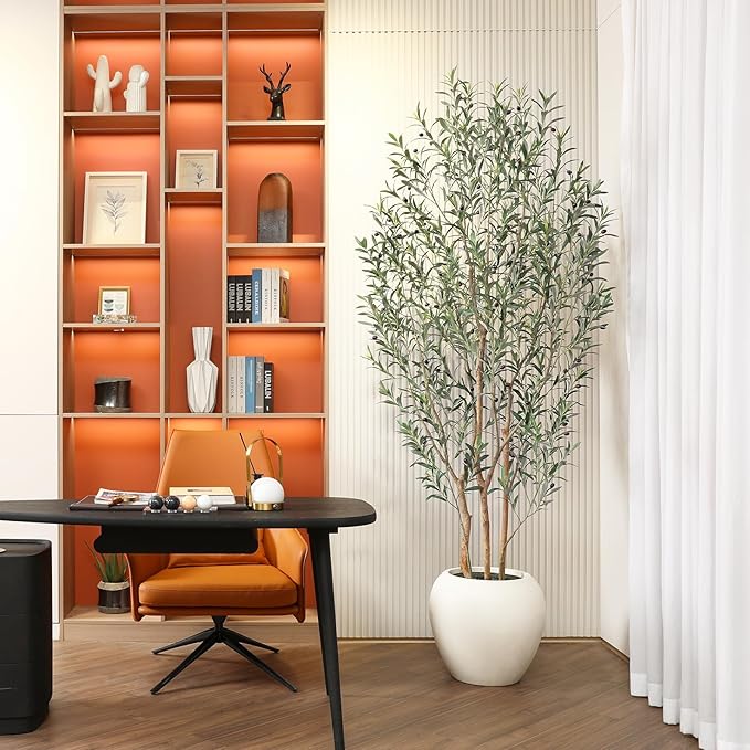 Artificial Olive Tree, 8FT Tall, Faux Olive Trees with Natural Wood Trunk & Lifelike Fruits, Indoor, White Tall Planter, Home Balcony Office Living Room Decor