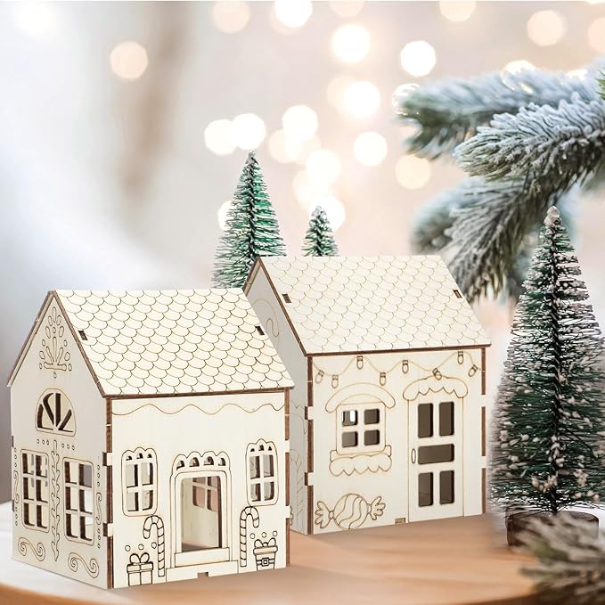Hiboom 12 Pcs DIY Christmas Village Sets Wood Gingerbread Man Houses Christmas Mini Wooden House Gift for Winter Xmas Party Decorations