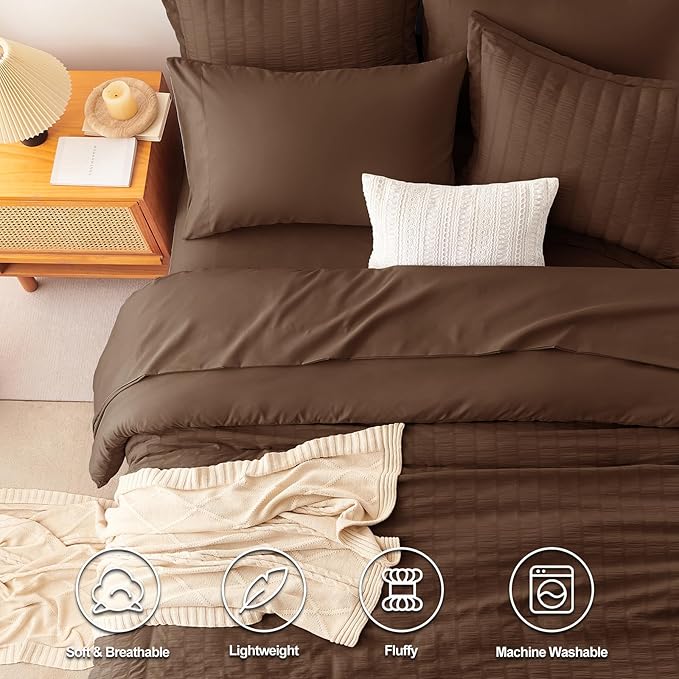 CozyLux Full Size Comforter Sets with Sheets 7 Pieces, Brown Seersucker Bed in a Bag Textured Luxury Soft Bedding Set with Down Alternative Comforter, Sheets, Pillowcases & Shams for All Seasons