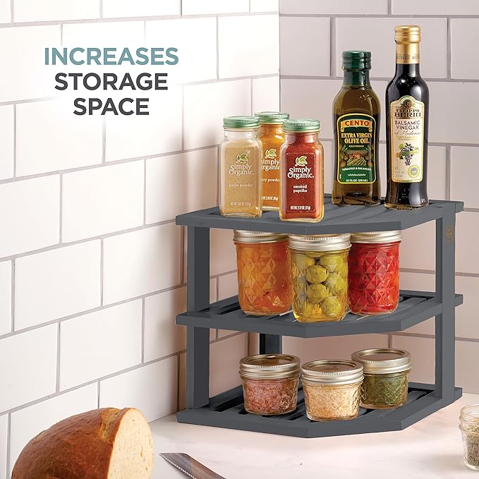 Cabinet Organizer Shelf - Bamboo Corner Rack for Kitchen Counter, Cabinet Space Saver for Plates, Dishes, Bowls, Bread Pantry, Bathroom Storage or Countertop Stand, Grey