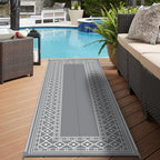 GENIMO Outdoor Rug Waterproof for Patio, 2.5'x8' Foldable Reversible Plastic Straw Runner Rugs and Carpet for Porch, Outside Area Mat for Rv, Deck, Picnic, Camper, Balcony, Beach, Grey & White