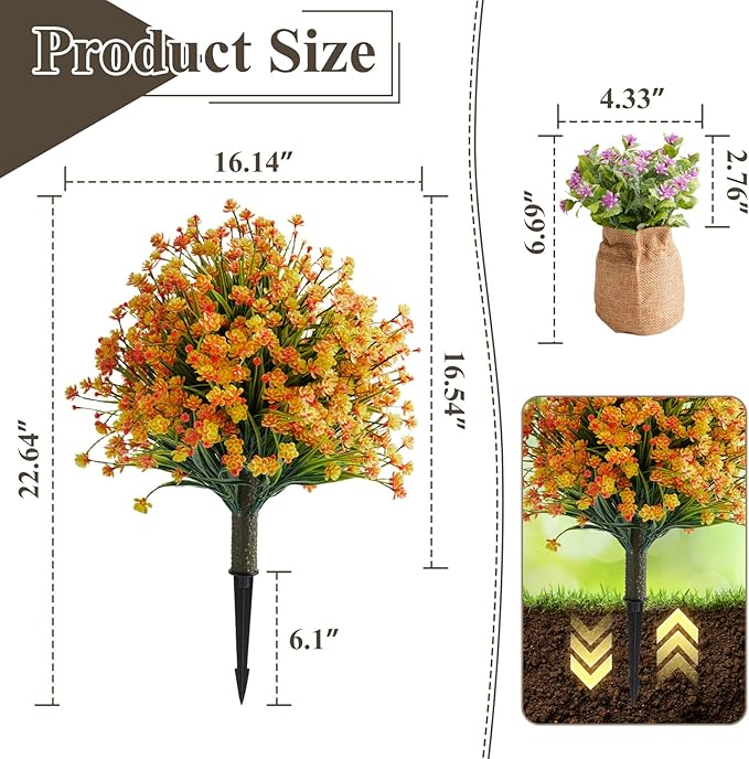 Artificial Monkey Grass Stem with Orange-Red Flowers, Set of 2 Faux Evergreen with Metal Spike, UV Resistant Realistic Faux Shrubs for Garden, Yard, Patio, Porch Outdoor Decor