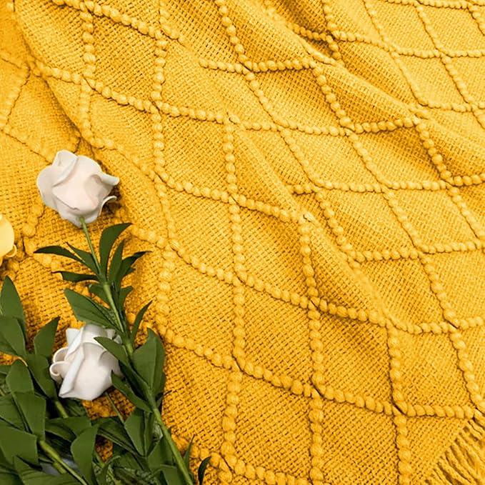 inhand Knitted Fall Throw Blanket for Couch and Bed, Knit Fall Decor Halloween Blanket with Tassel, Mustard Yellow Lightweight Decorative Farmhouse Warm Woven Blankets and Throws for Women, 60"x80"
