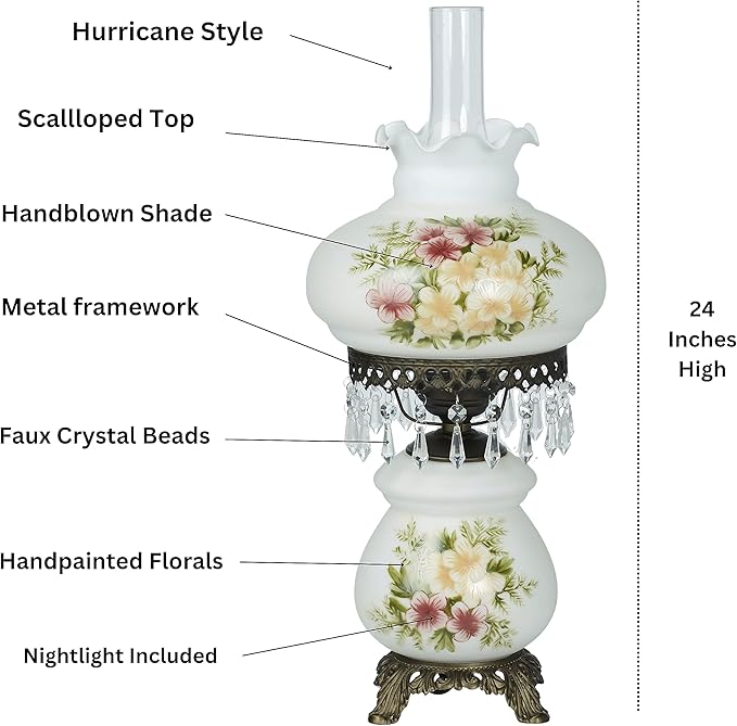 Touch of Class Abigail Hurricane Style Parlor Table Lamp - Antique Victorian Aesthetic - Painted by Hand - Floral Designs - Vintage Lighting for Bedroom, Living Room, Office Desk, Hotel and Bedside