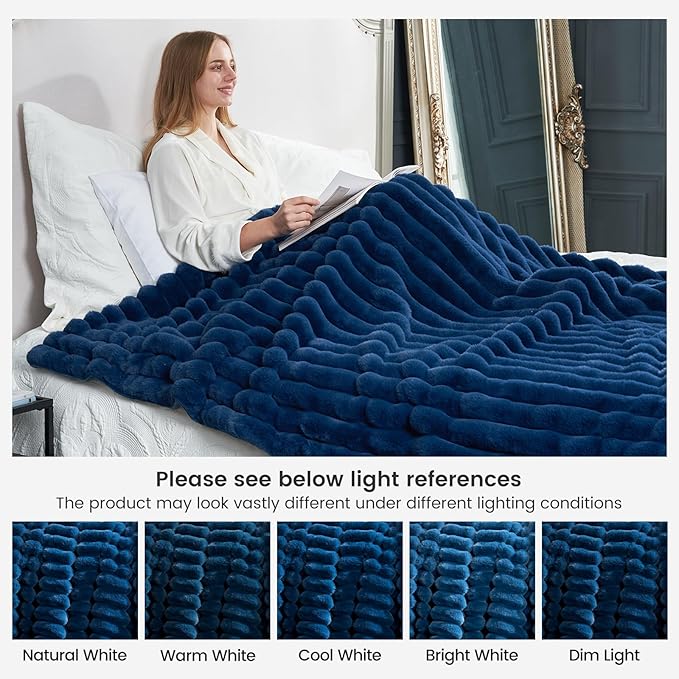 Cozy Bliss Faux Fur Throw Blanket for Couch, Cozy Warm Plush Striped Blanket for Sofa Bedroom Living Room,50 * 60 Inches Navy Blue