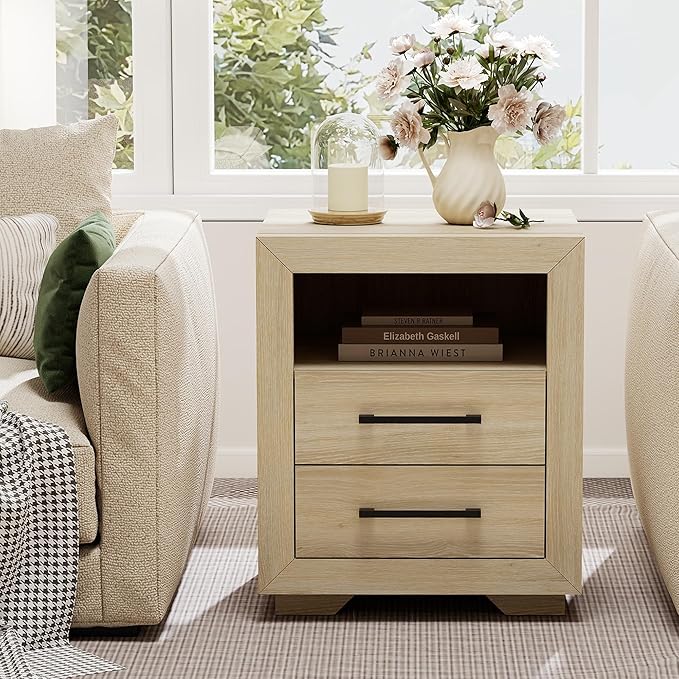 Hazel 2 Drawers End Table, 21" Side Table with Open Storage Shelf, Solid Modern Rustic Nightstand for Bedroom, Living Room or Home Offices