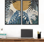 SIGNFORD Framed Canvas Print Wall Art Set Jungle Tropical Monstera Palm Leaf Abstract Shapes Illustration Modern Art Decorative Nordic Nature for Living Room, Bedroom, Office - 16"x24"x2 Black