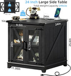 Farmhouse End Table with Charging Station, 24" Large Sofa Side Table with Glass Barn Door, Green Nightstand with Adjustable Storage Shelf, Wood Square Bedside Table for Living Room, Bedroom