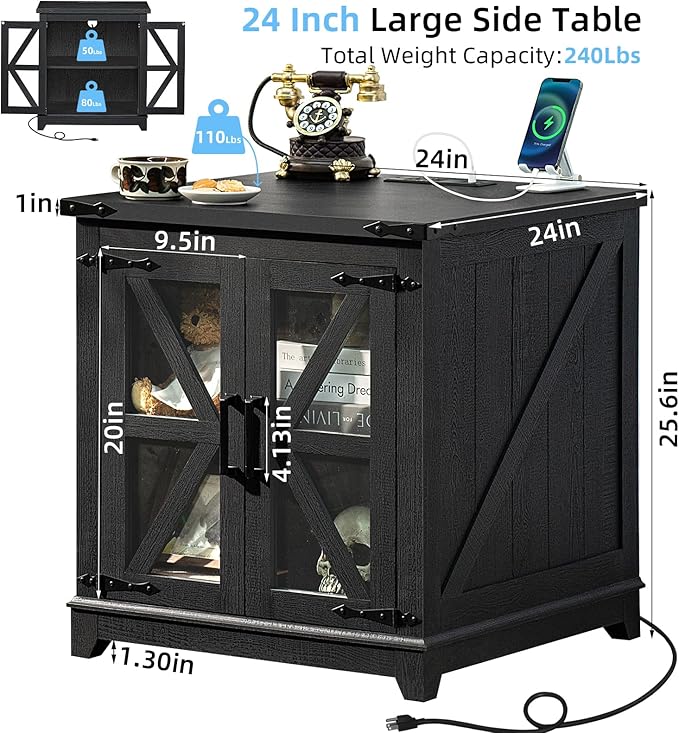 Farmhouse End Table with Charging Station, 24" Large Sofa Side Table with Glass Barn Door, Green Nightstand with Adjustable Storage Shelf, Wood Square Bedside Table for Living Room, Bedroom