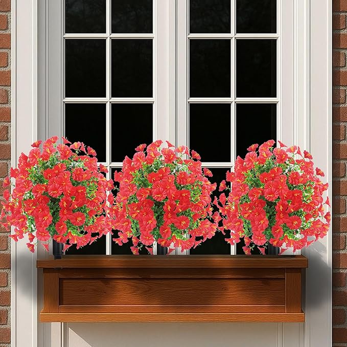 22.8" Set of 2 Fall artificial Boxwood topiary Ball tree for outdoors with Spike,UV Resistant Faux Shrubs Outdoor with morning glory flowers,Faux Plants Bushes for Garden Porch Yard Patio Decor(Red)