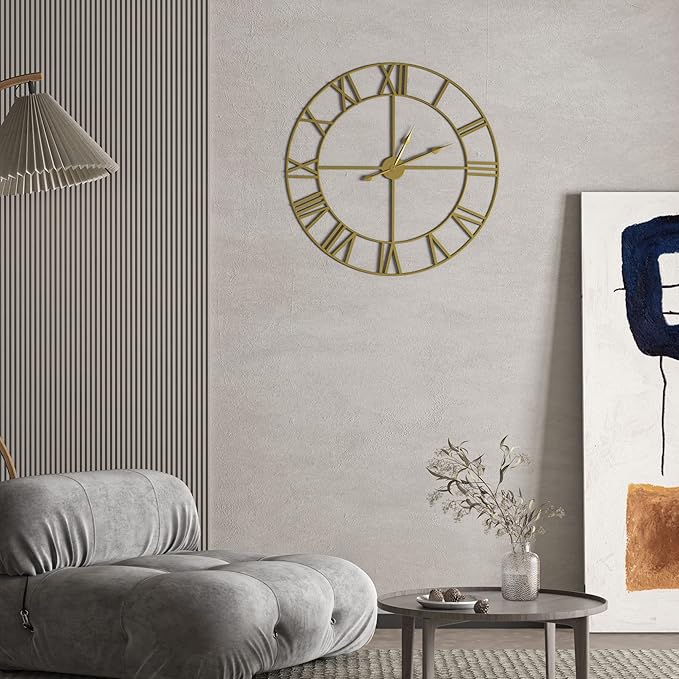 LEIKE Large Modern Wall Clocks,18" Gold Metal,Rustic,Round,Silent Non Ticking,Battery Operated Roman Numerals Clock for Living Room/Bedroom/Kitchen Wall Decor-(Gold, 47cm)