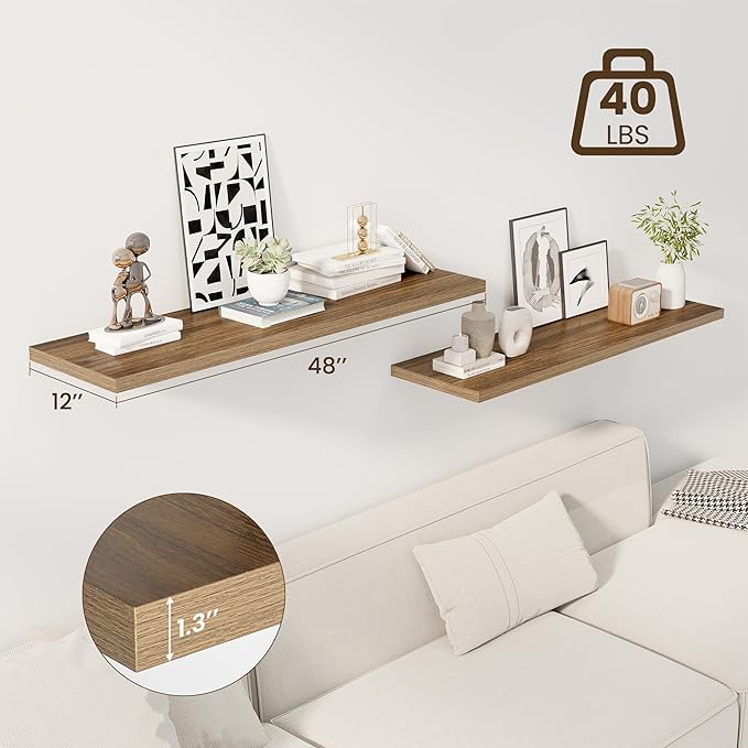 Dreamland 48" Floating Shelves for Wall, 12" Deep Slim Walnut Floating Shelves, Wall-Mounted Shelves for Bedroom, Living Room, Kitchen, Bathroom - Set of 2