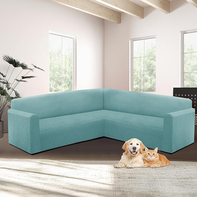 HDCAXKJ Sectional Couch Cover L Shape Stretch Sofa Covers Washable Jacquard Corner Couch Slipcover Non Slip Sectional Slip Cover U Shaped Furniture Protector for Pets Dogs (Cyan, Small)