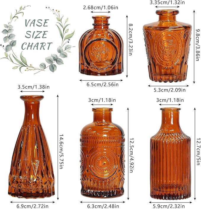 Glass Bud Vase Set of 5, Amber Small Flower Vases for Centerpieces in Bulk, Mini Vintage Vase for Rustic Wedding, Home,Table Decoration