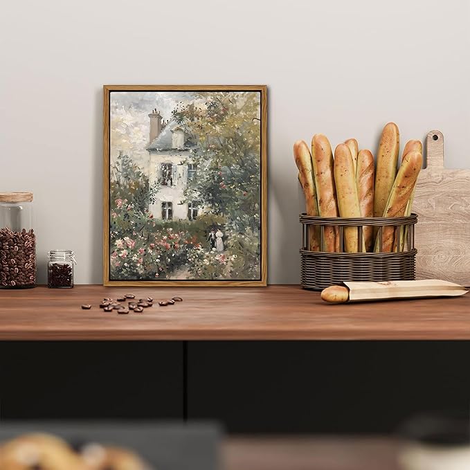 Floating Framed Canvas Vintage Wall Art, Neutral English Cottage Rose Garden Oil Paintings Print, Spring Pictures Wall Decor for Living Room Hallway Bedroom Office Rustic Decor 12x16 inch