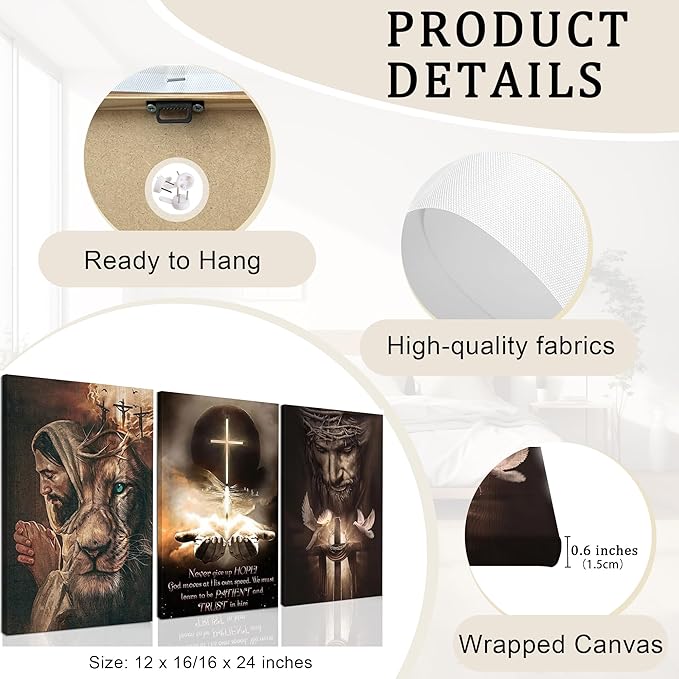 Fantasy Artists 3Pcs Jesus Wall Art, Christian Wall Decor for Biblical Room, Unframed Canvas Painting Prints, Religious Art Posters for Church Living Room Bathroom, 12" X 16"