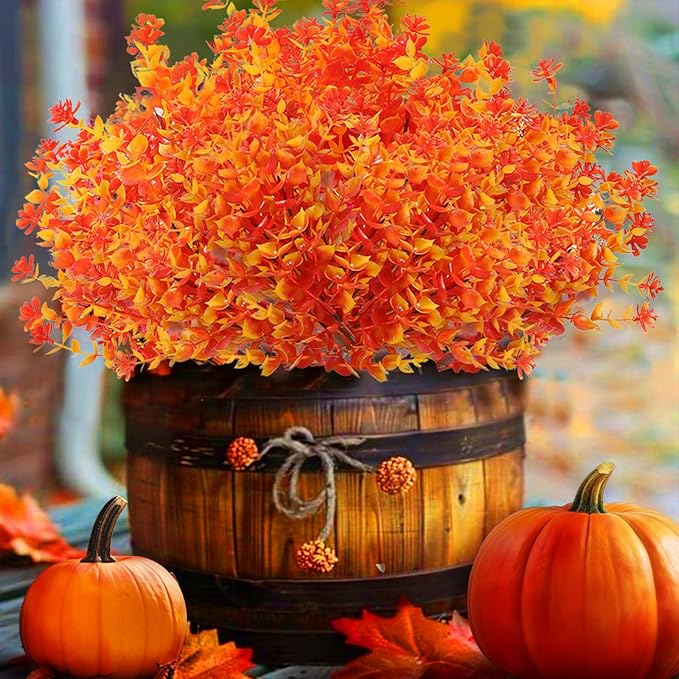 Artificial Fall Flowers for Outdoors, 10 Bundles Artificial Plants UV Resistant Fall Fake Mums Plants for Outside Halloween Christmas Porch Decoration Fall Decor(Orange(Eucalyptus))