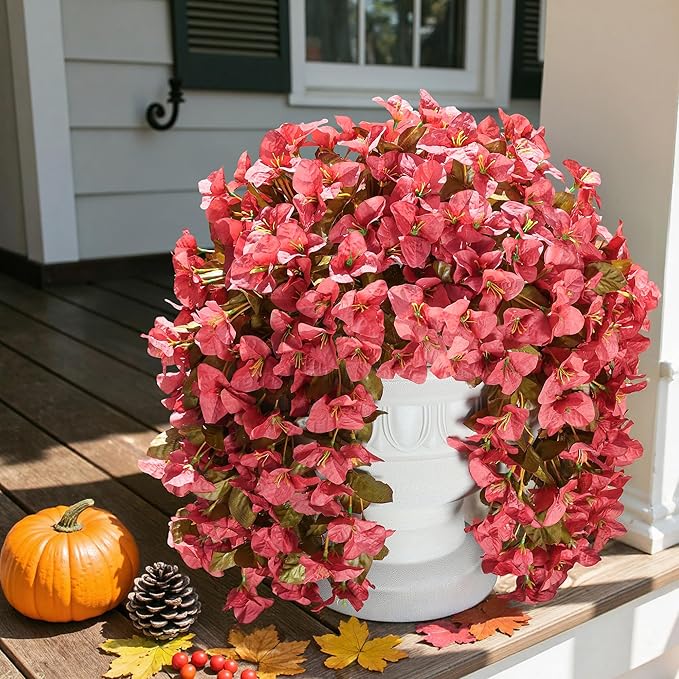 Bougainvillea Artificial Flowers Plants for Outdoors Outside Fall Autumn Decoration, 2 pcs Faux Silk Long Trailing Vines UV Resistant Look Real Red Fake Flowers for Front Door Porch Planter Urn Patio