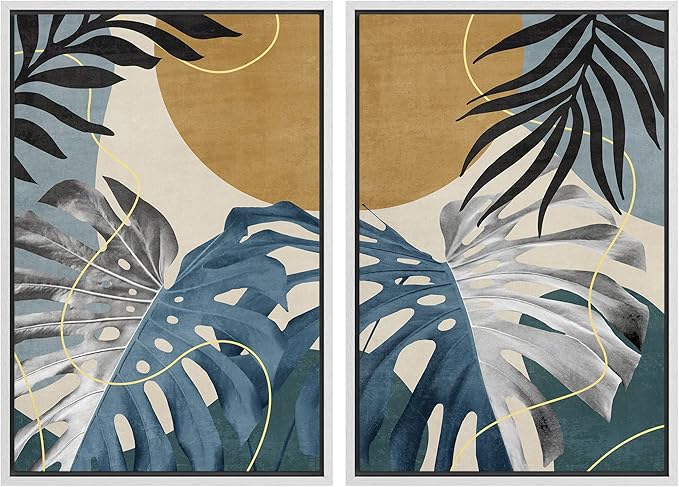 SIGNFORD Framed Canvas Print Wall Art Set Jungle Tropical Monstera Palm Leaf Abstract Shapes Illustration Modern Art Decorative Nordic Nature for Living Room, Bedroom, Office - 16"x24"x2 White