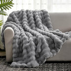Cozy Bliss Faux Fur Throw Blanket for Couch, Fuzzy Soft Plush Thick Bubble Blanket for Sofa Bedroom Living Room,50 * 60 Inches Light Grey
