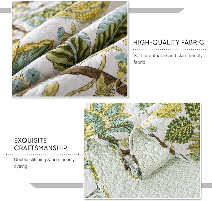 Travan 3-Piece Quilt Set Quilted Bedspread Cotton Coverlet Set Floral Oversized Quilted Bedding Set for All Season, White Vine, King Size