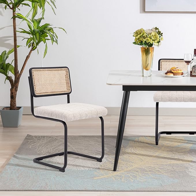 Natural Rattan Dining Chairs Set of 2, Modern Kitchen Chairs with Solid Wood Back, Upholstered Cesca Side Chairs with Comfy Linen Cushion