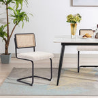 Natural Rattan Dining Chairs Set of 2, Modern Kitchen Chairs with Solid Wood Back, Upholstered Cesca Side Chairs with Comfy Linen Cushion