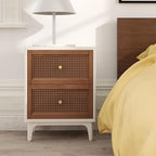 COZAYH Set of 2 Fully-Assembled 2-Drawer Woven Cane Front Accent Nightstand with Brass Knobs, Distressed White