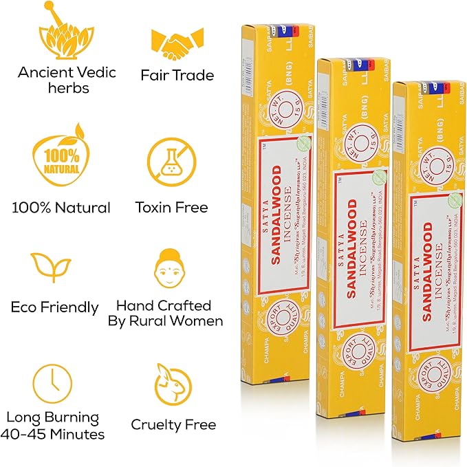 Satya Nagchampa Sandalwood Incense Sticks, Satya Bng (Bangalore) Insenses 15gmx3 Pack (45 GMS) with Raajsee Incense Holder Bundle, Satya Nagchampa Natural Incense